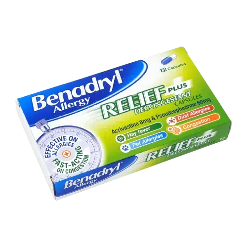 Benadryl Relief Plus Decongestant allergy capsules - 12 Capsules - Allergy and OTC Hay Fever