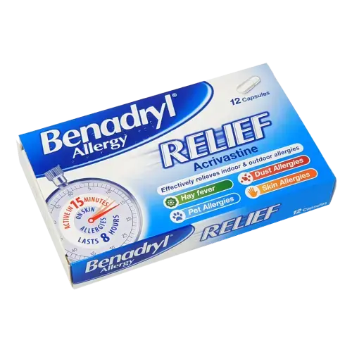 Benadryl Allergy Relief Capsules (Acrivastine 8mg) - 12 Capsules - Allergy and OTC Hay Fever