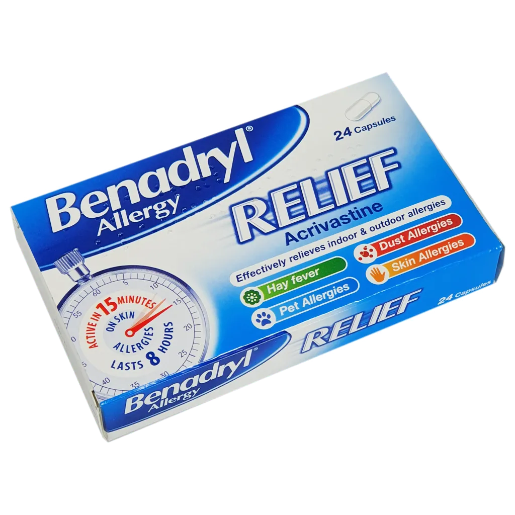 Benadryl Allergy Relief Capsules 24 Pack (Acrivastine 8mg) - Allergy and OTC Hay Fever