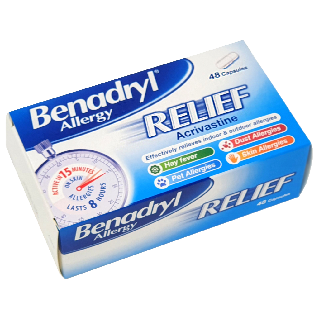 Benadryl Allergy Relief Capsules 48 Pack (Acrivastine 8mg) - Allergy and OTC Hay Fever