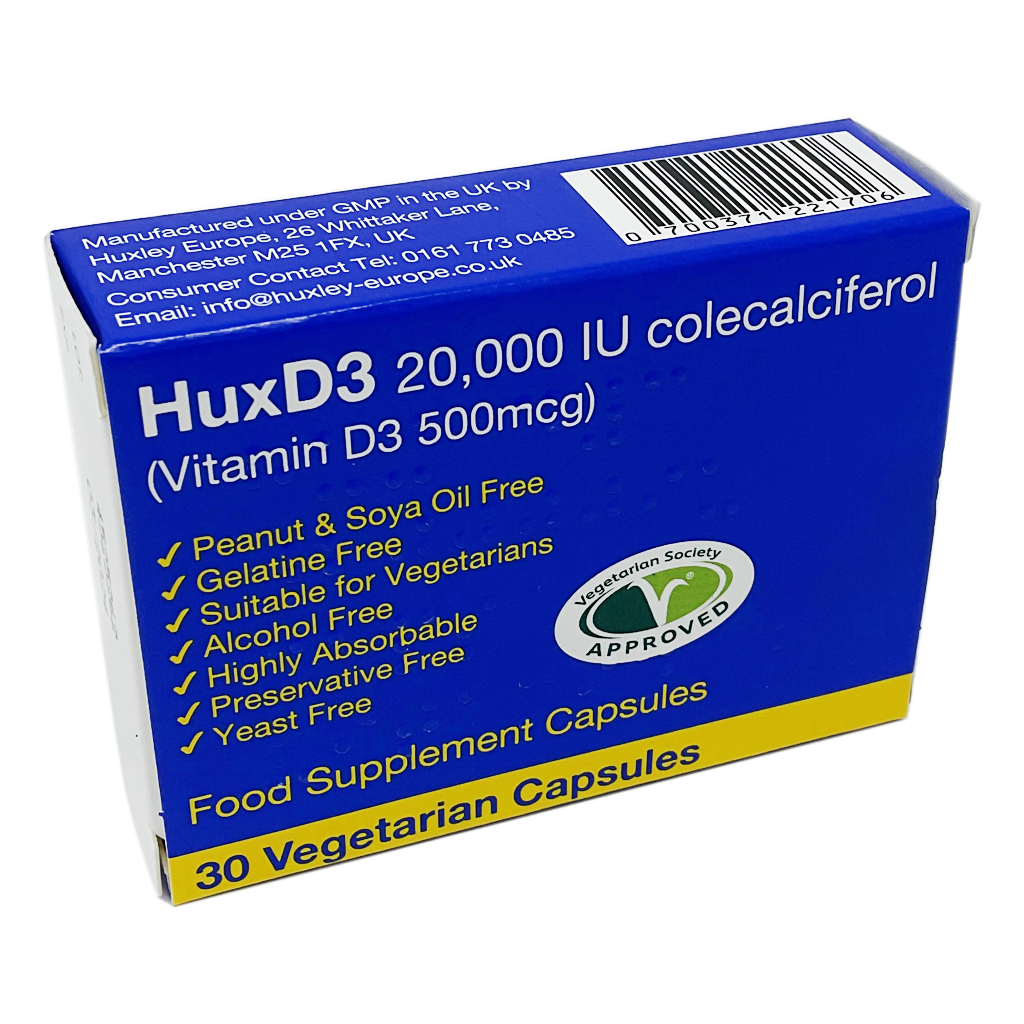 HuxD3 20,000 IU colecalciferol (Vitamin D3 500mcg) Capsules - 30 Capsules - Vitamins and Supplements