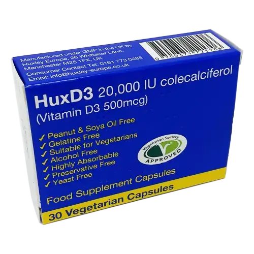 HuxD3 20,000 IU colecalciferol (Vitamin D3 500mcg) Capsules - 30 Capsules - Vitamins and Supplements