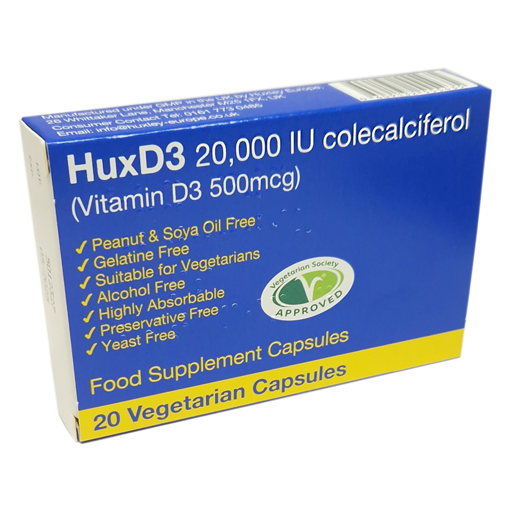 HuxD3 20,000 IU colecalciferol (Vitamin D3 500mcg) Capsules - 20 Capsules - Vitamins and Supplements