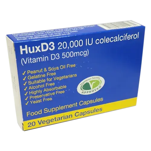 HuxD3 20,000 IU colecalciferol (Vitamin D3 500mcg) Capsules - 20 Capsules - Vitamins and Supplements