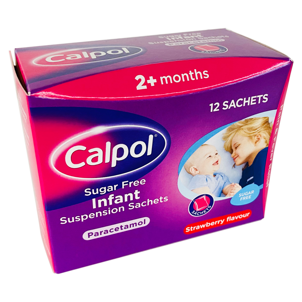 Calpol Strawberry Flavour Sugar Free 2+ Months - 12 SACHETS - Pain Relief