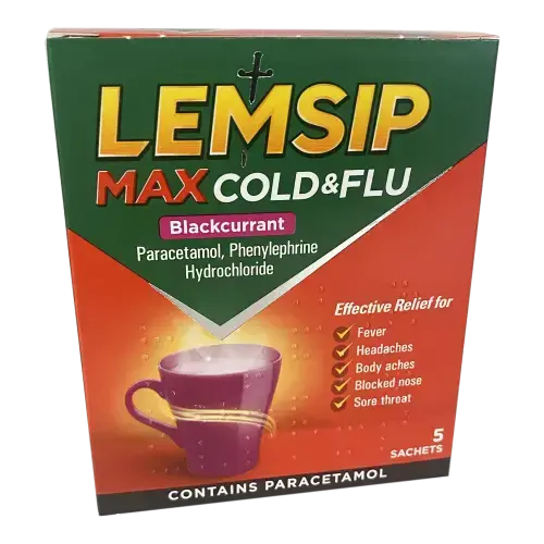 Lemsip Max Cold & Flu Blackcurrant x5 Sachets- REDUCED TO CLEAR - Cold and Flu